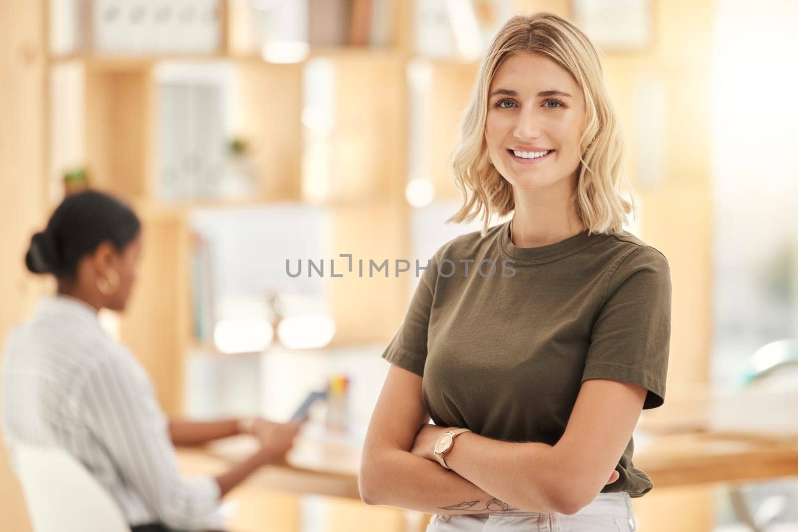 Business woman, portrait smile and arms crossed for vision, leadership or management startup at office. Happy, confident and creative female employee manager in corporate success, career or mission by YuriArcurs