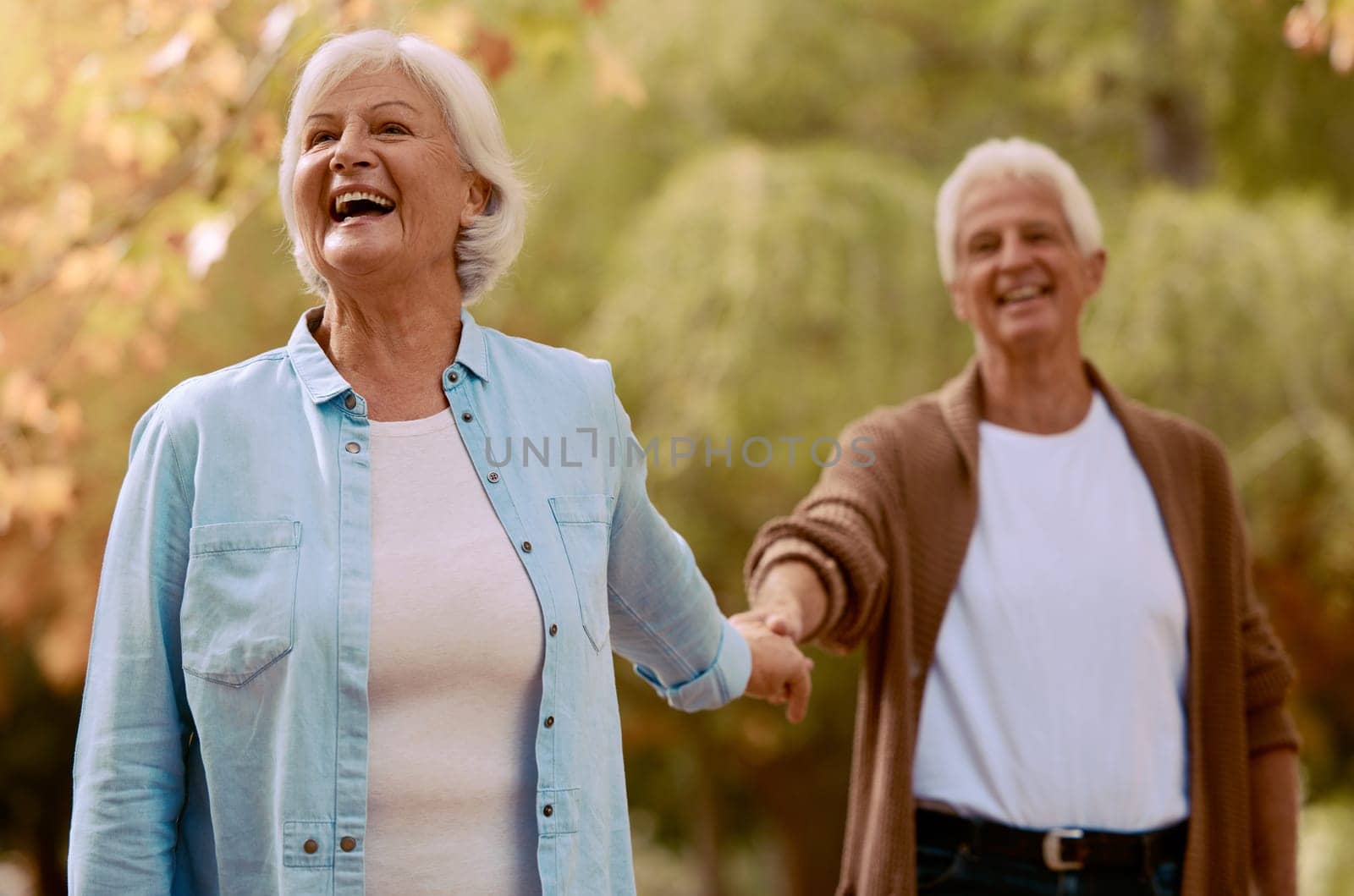 Senior couple, holding hands and happy smile together in park, romance and love outdoor in park on date. Elderly man, woman and walking in forest, autumn and enjoy marriage relationship in nature.