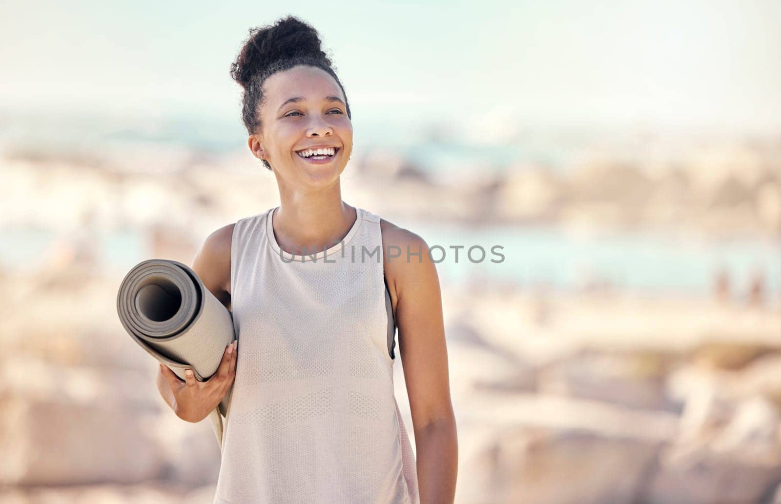 Yoga, fitness and beach black woman thinking of meditation or zen lifestyle in summer sunshine for outdoor healing, wellness and peace. Pilates, sports and healthy woman with training gear by a sea by YuriArcurs