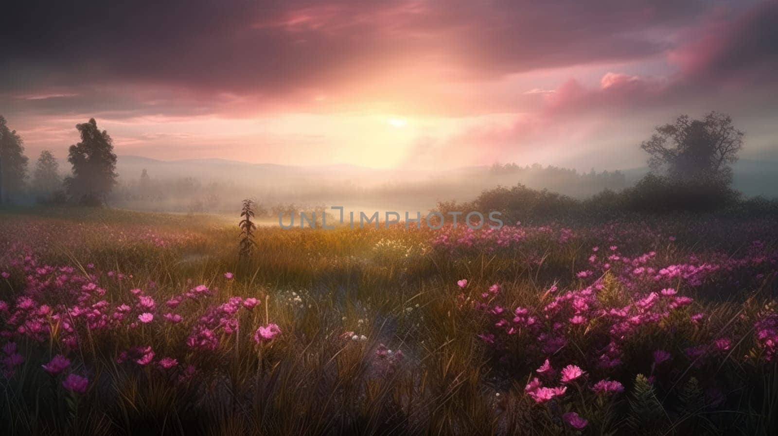 Pink flower filed with beautiful pink sky. Generative AI by nateemee