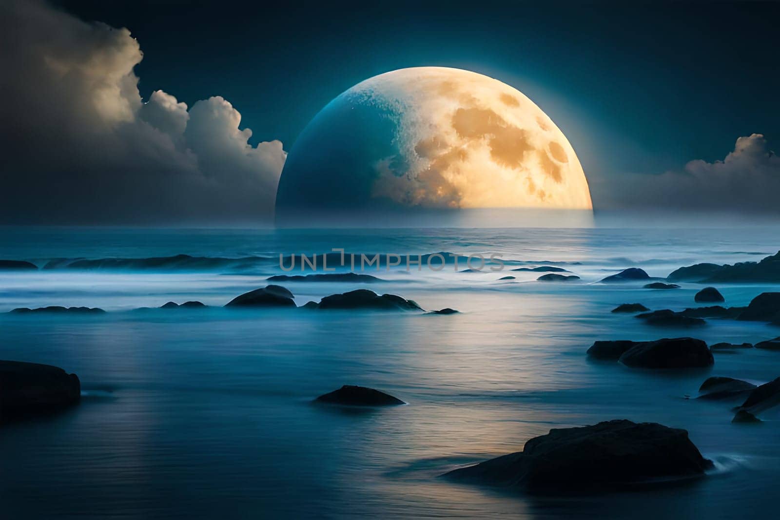 Moonlight in ocean landscape. The ocean stretches out as far as the eye can see, its surface a canvas of deep, midnight blue. AI generated image