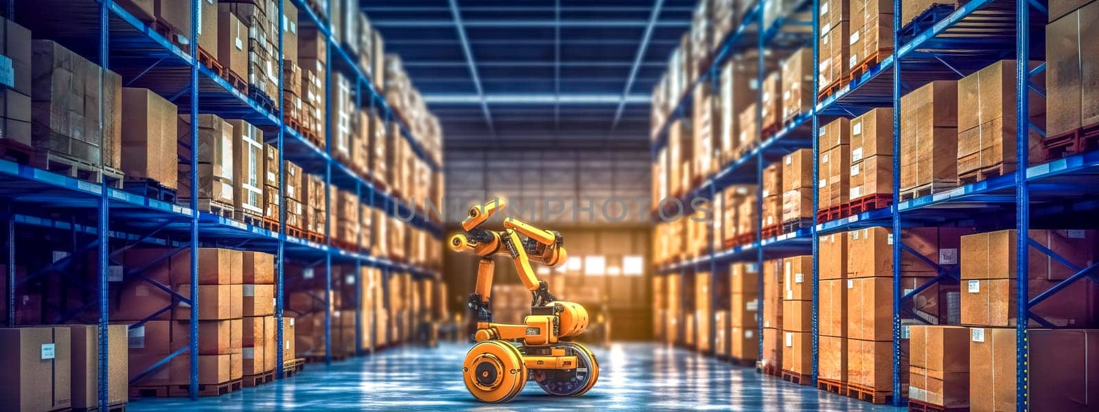 logistic warehouse serviced by robots, made with Generative AI. High quality illustration