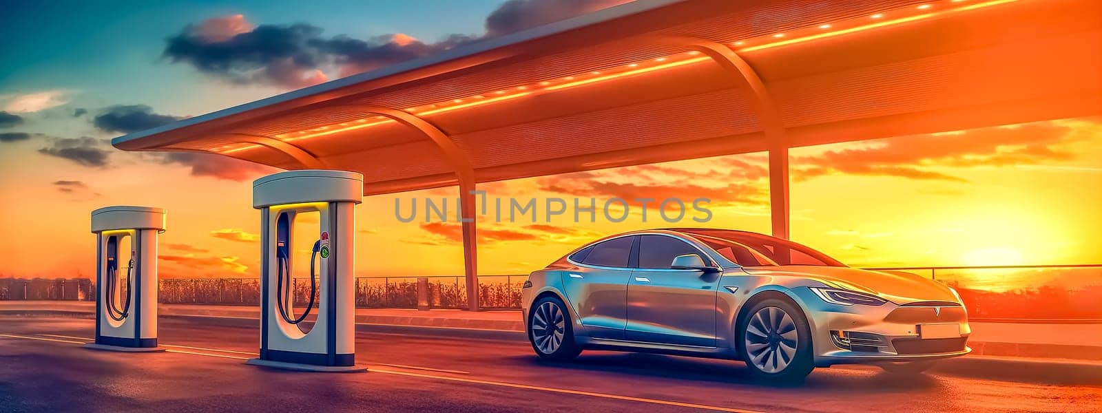 electric car charging, green energy, banner with copy space, made with Generative AI. High quality illustration