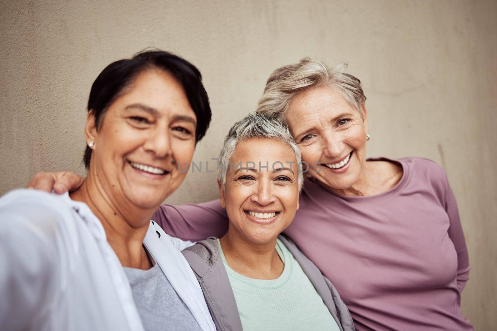 Senior women, selfie and happy fitness support together for exercise workout motivation, training wellness and retirement lifestyle. Elderly friends, sports portrait and happy face for cardio care.