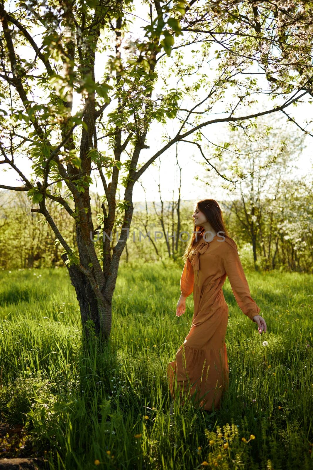 a beautiful, joyful woman is standing in a long orange dress, in the countryside, near a tree blooming with white flowers, during sunset, illuminated from the back and joyfully spinning. High quality photo