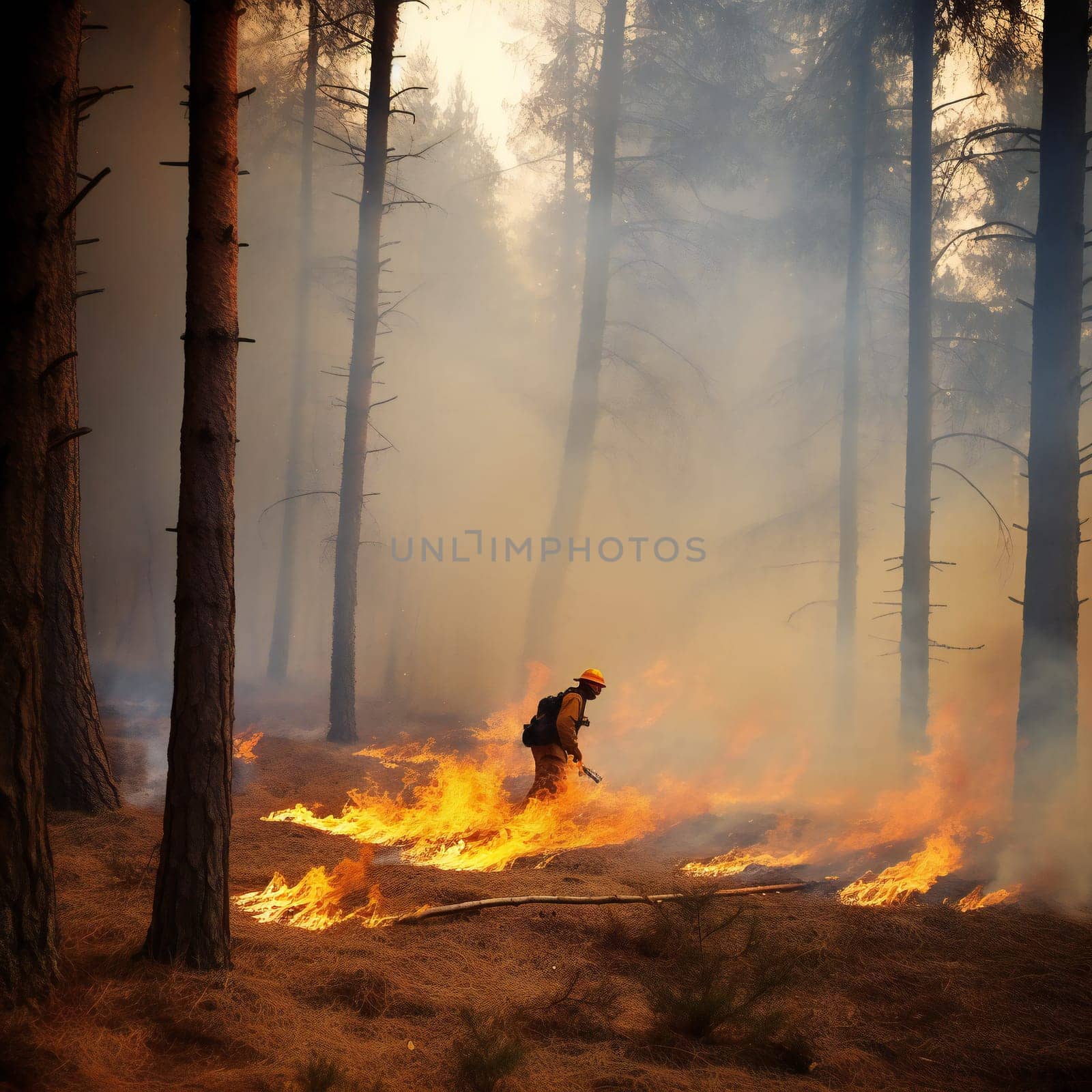 Firefighters try to extinguish the fire in a forest