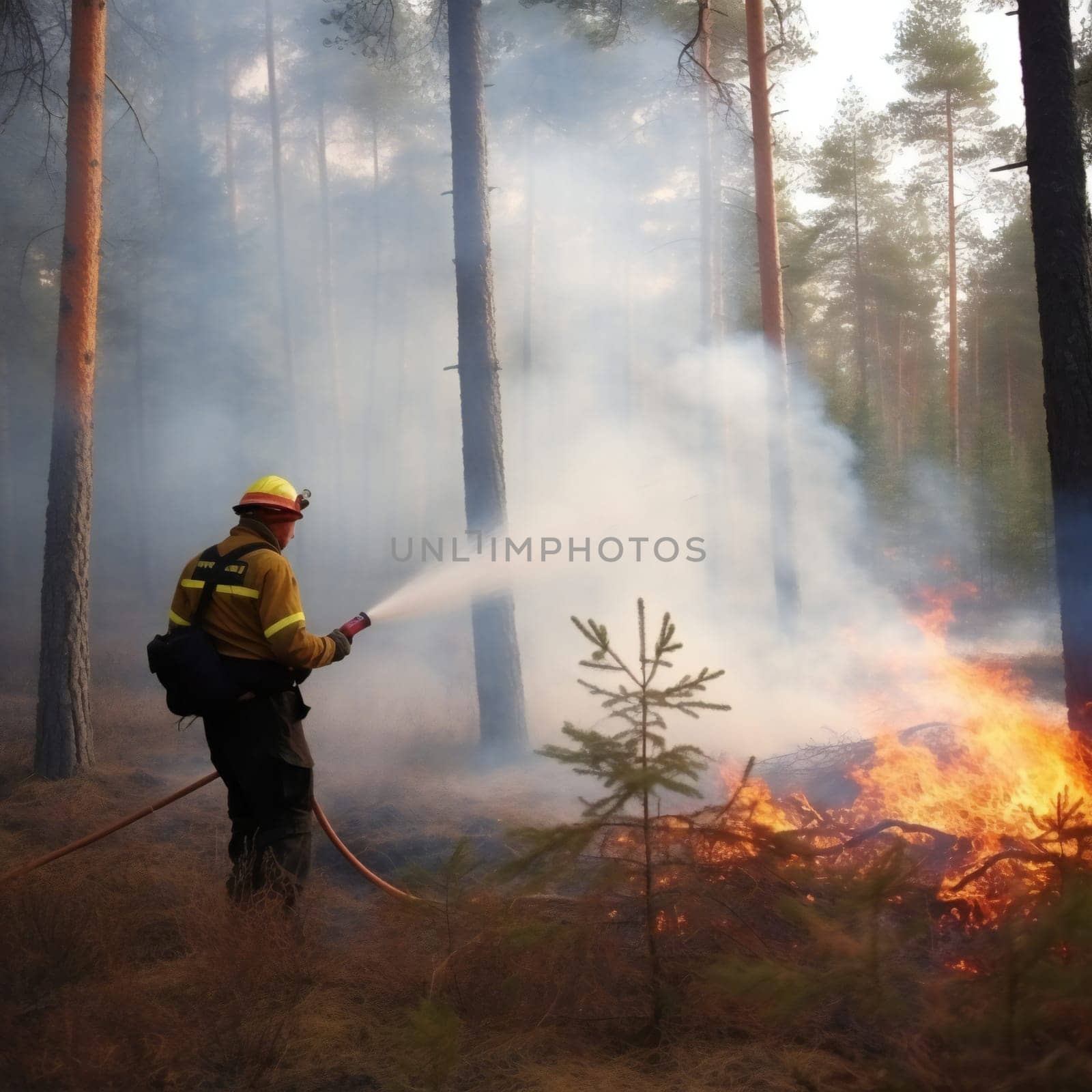 Firefighters try to extinguish the fire in a forest Generative ai by juliet_summertime