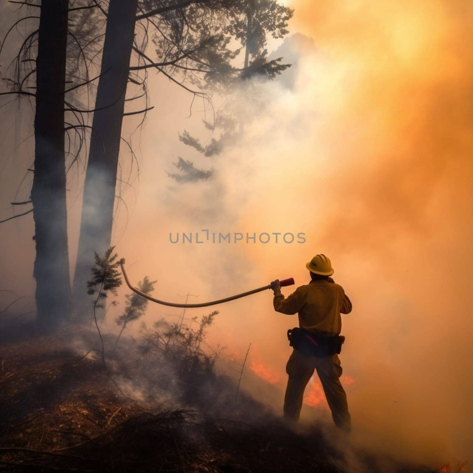 Firefighters try to extinguish the fire in a forest Generative ai by juliet_summertime