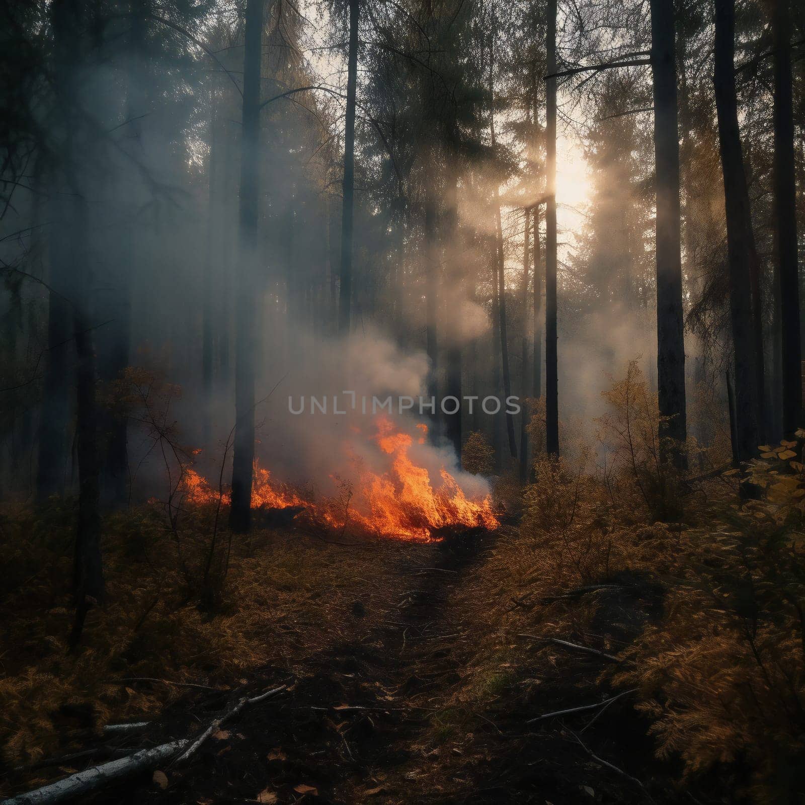 Forest fire. fallen tree is burned to the ground a lot of smoke when vildfire. generative ai by juliet_summertime