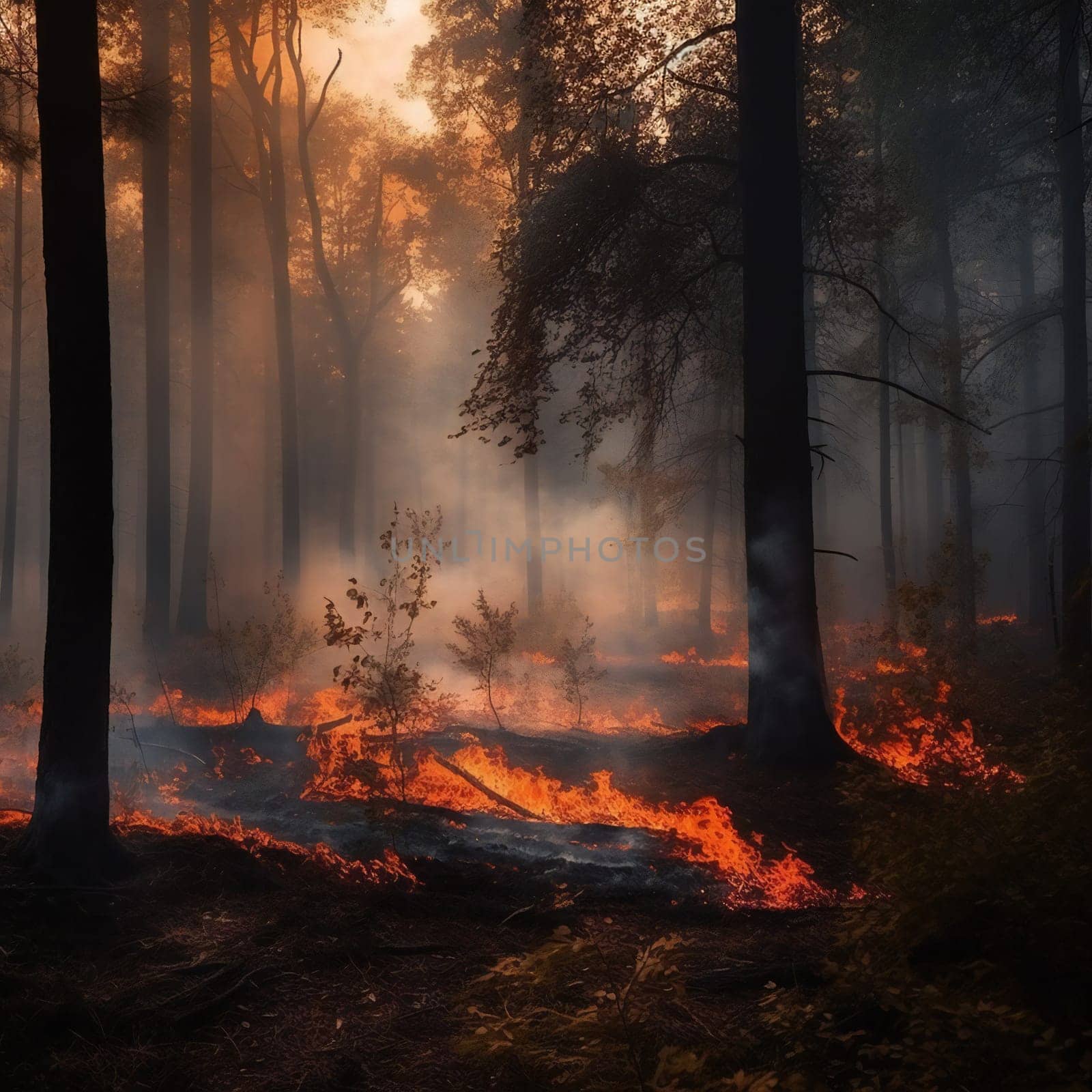 Forest fire. fallen tree is burned to the ground a lot of smoke when vildfire. generative ai by juliet_summertime