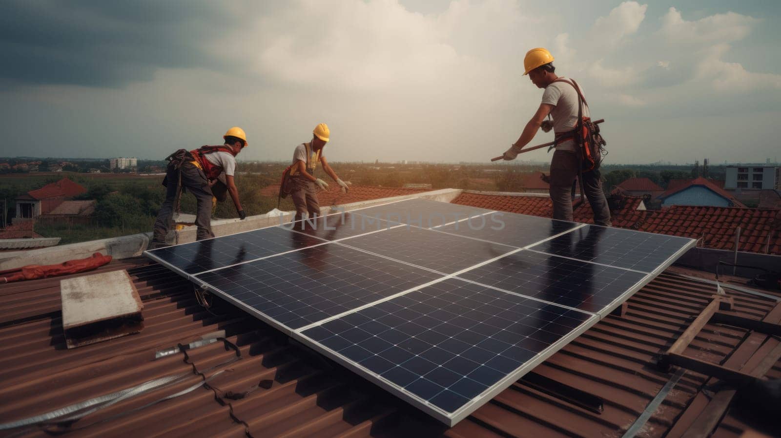 solar panesl or photovoltaic plant on the roof of a house. Generative AI.