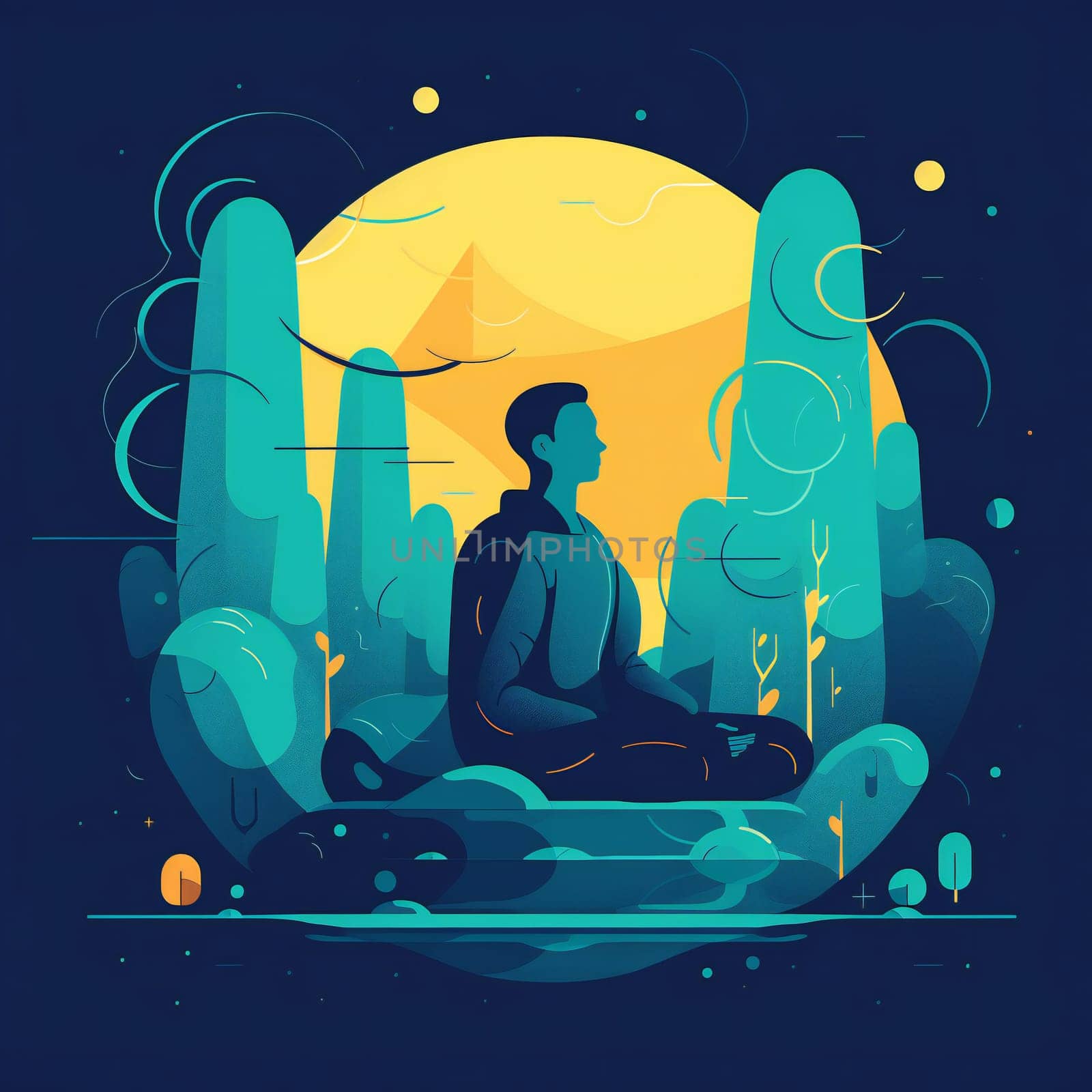 Concept of man meditating. Flat design stock illustration. generative ai by juliet_summertime