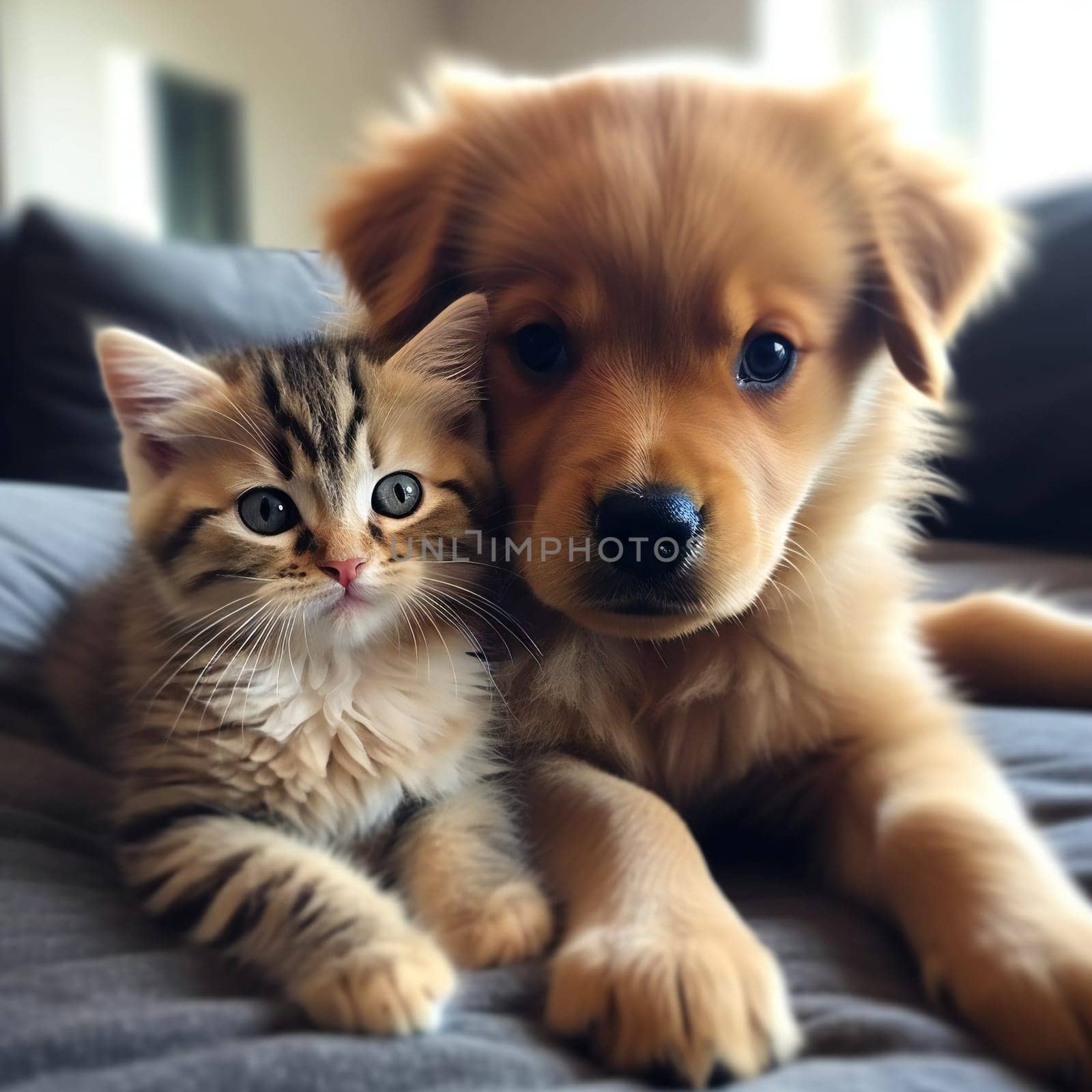 Best friends - kitten and small fluffy dog looking on camera