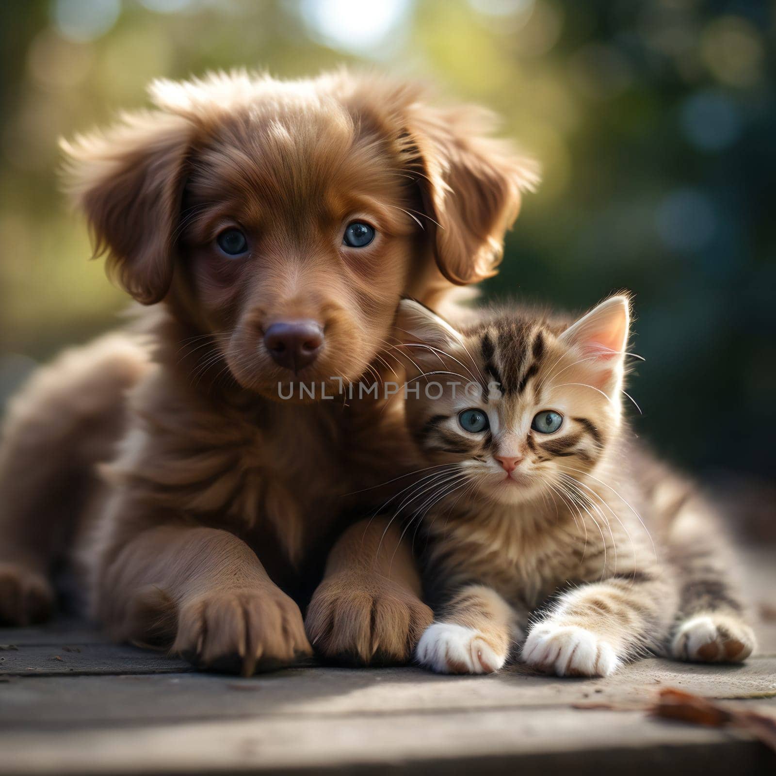 Best friends - kitten and small fluffy dog looking. Generative ai by juliet_summertime