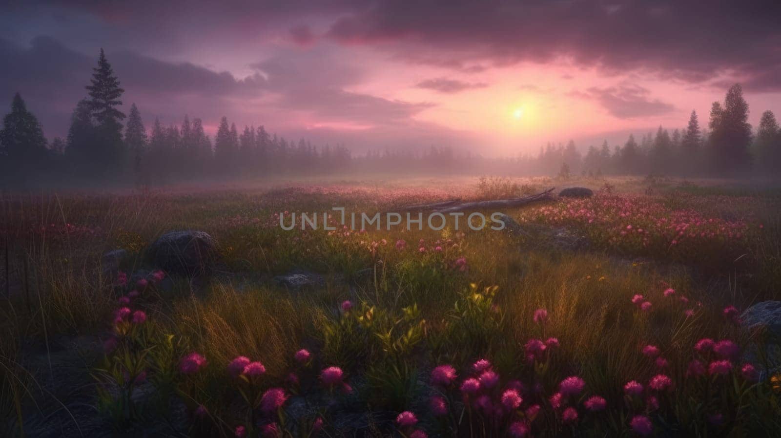 Pink flower filed with beautiful pink sky. Generative AI.