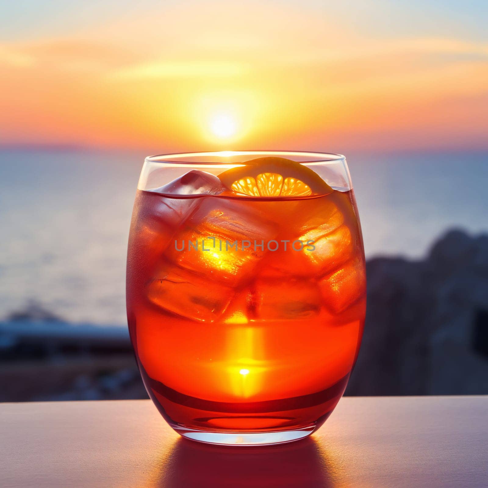 Aperol Spritz Cocktail on sunset. Alcoholic beverage based on table with ice cubes and oranges. Generative ai by juliet_summertime