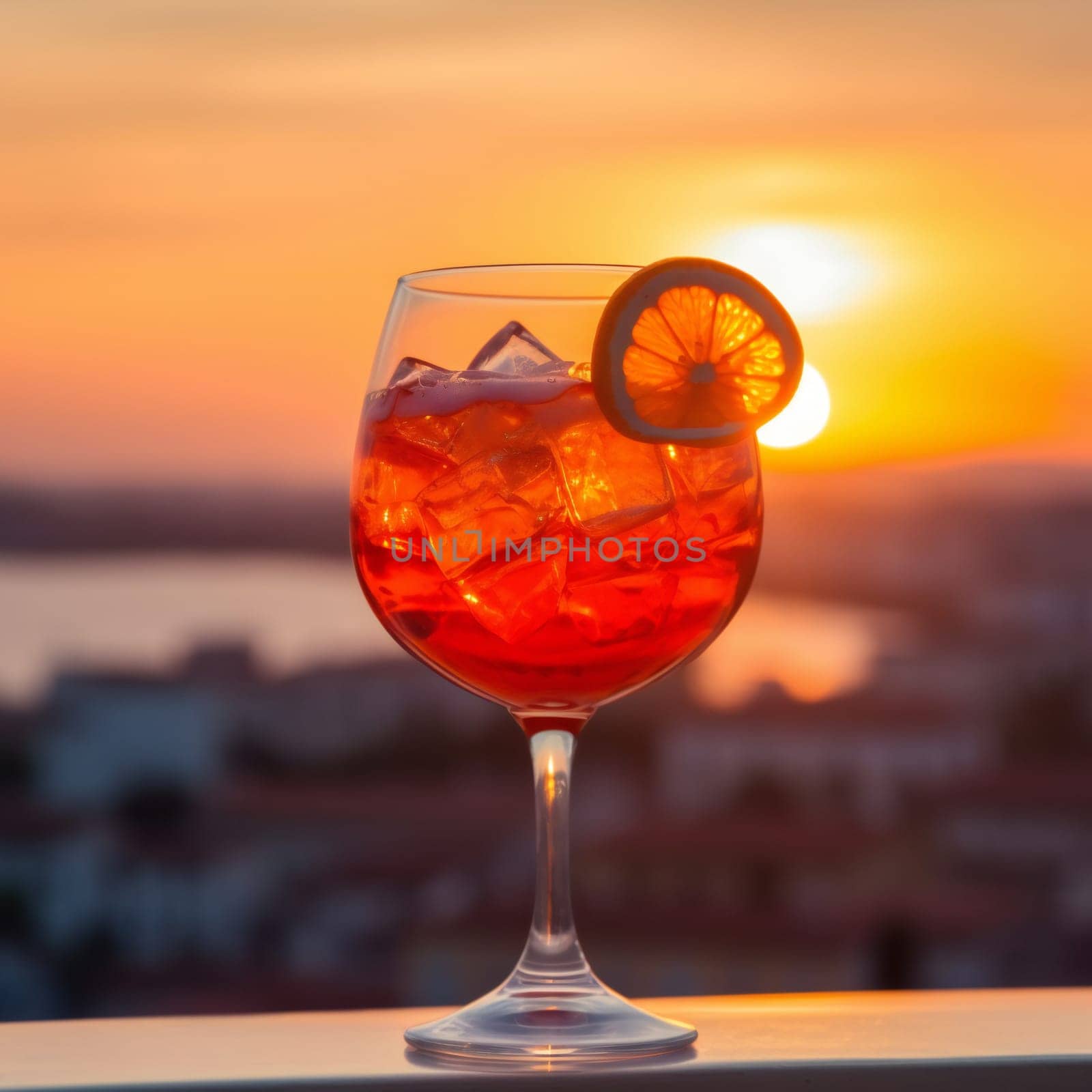 Aperol Spritz Cocktail on sunset. Alcoholic beverage based on table with ice cubes and oranges