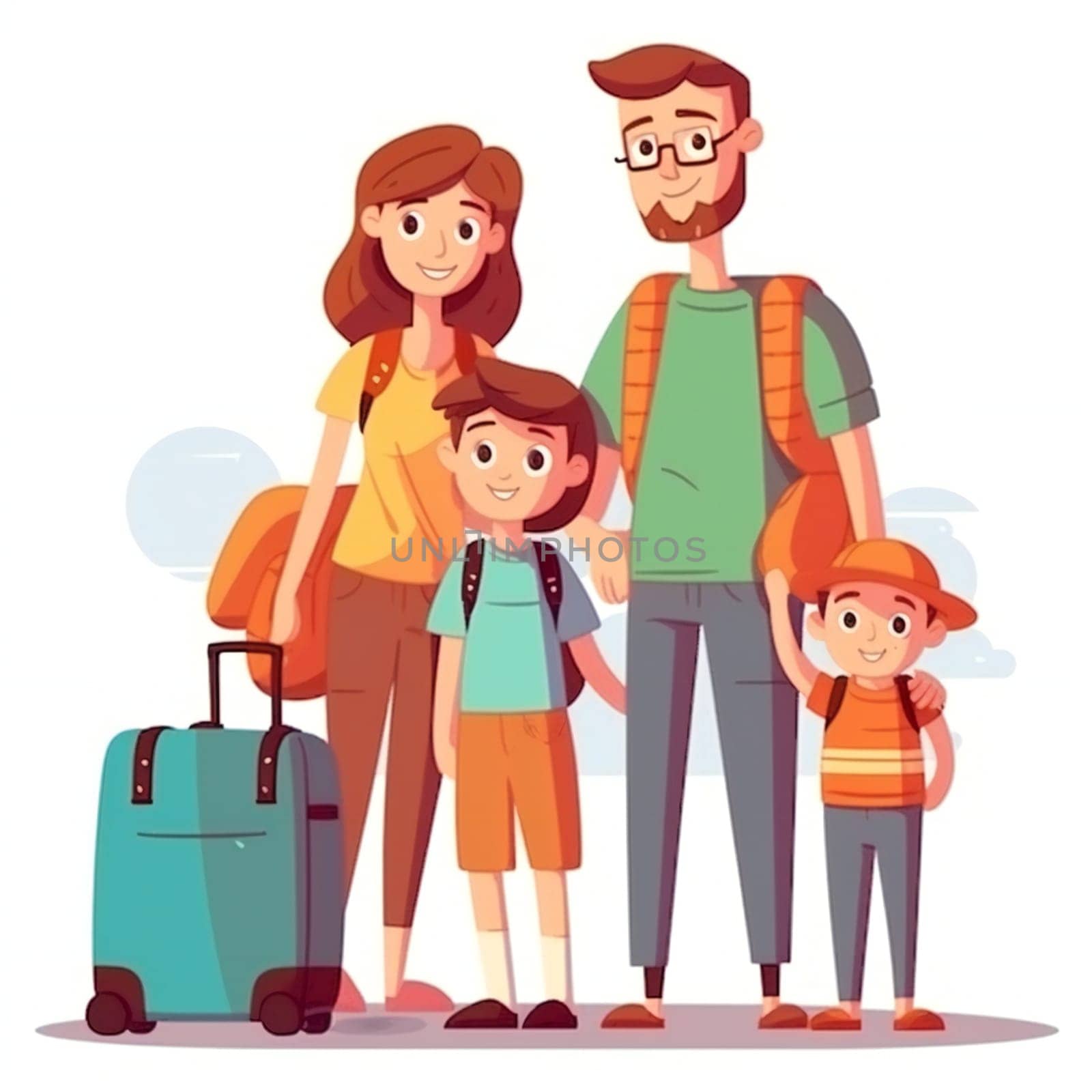 Happy Family travel together. Parents with children at the airport. Smiling man with luggage