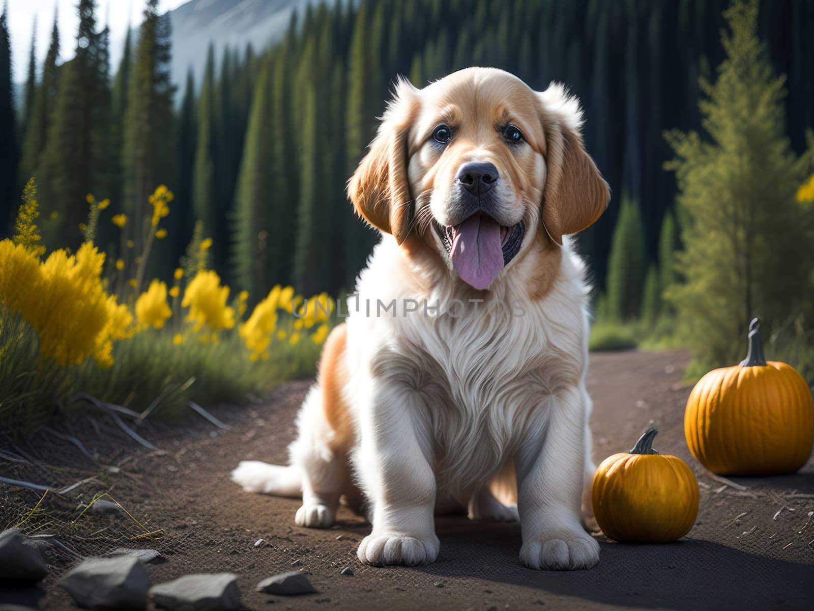 Cute golden retriever dog with pumpkin with autumn forest. Halloween costume. Dog vacation relax concept. Generative Ai