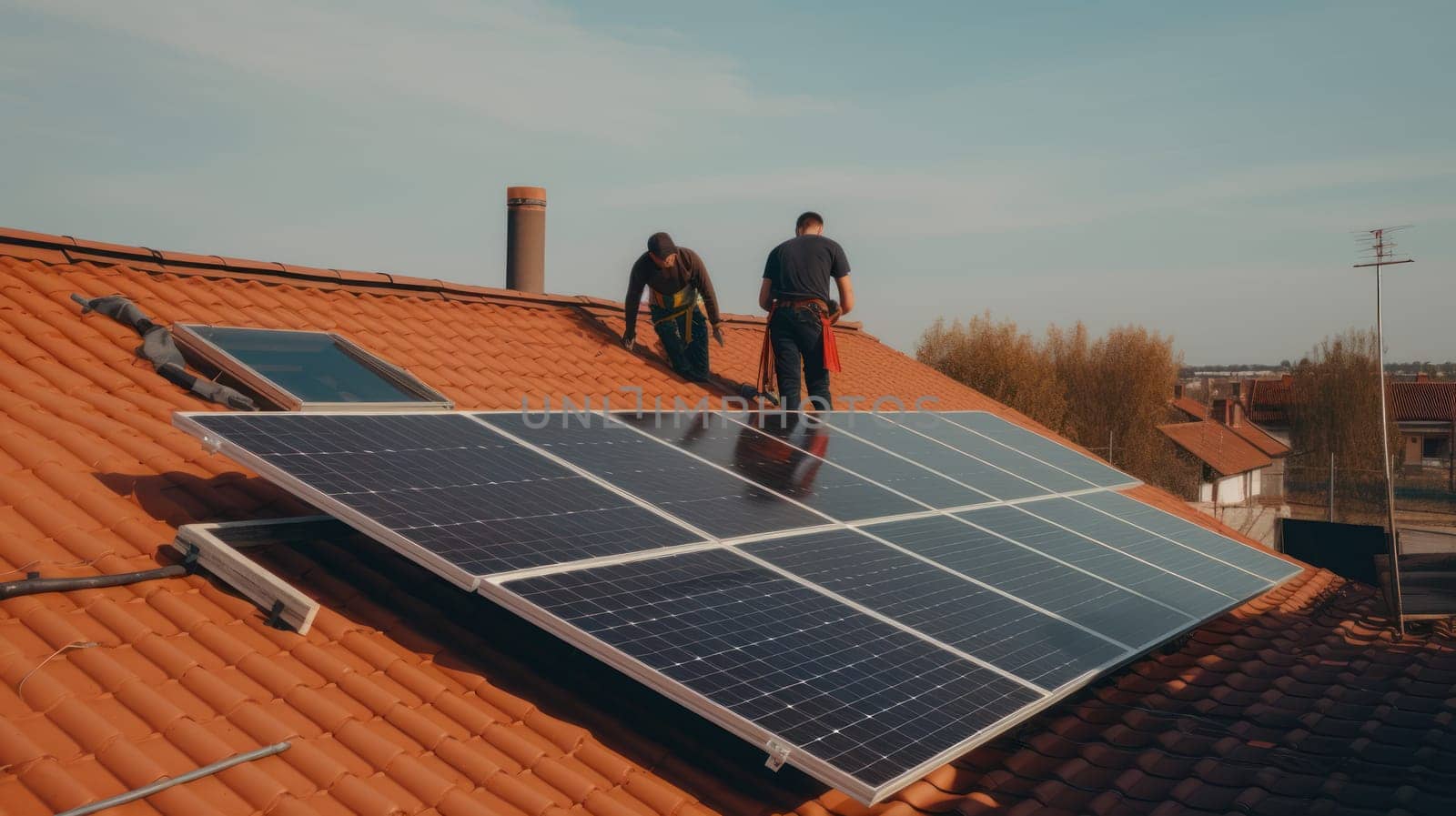 solar panesl or photovoltaic plant on the roof of a house. Generative AI.