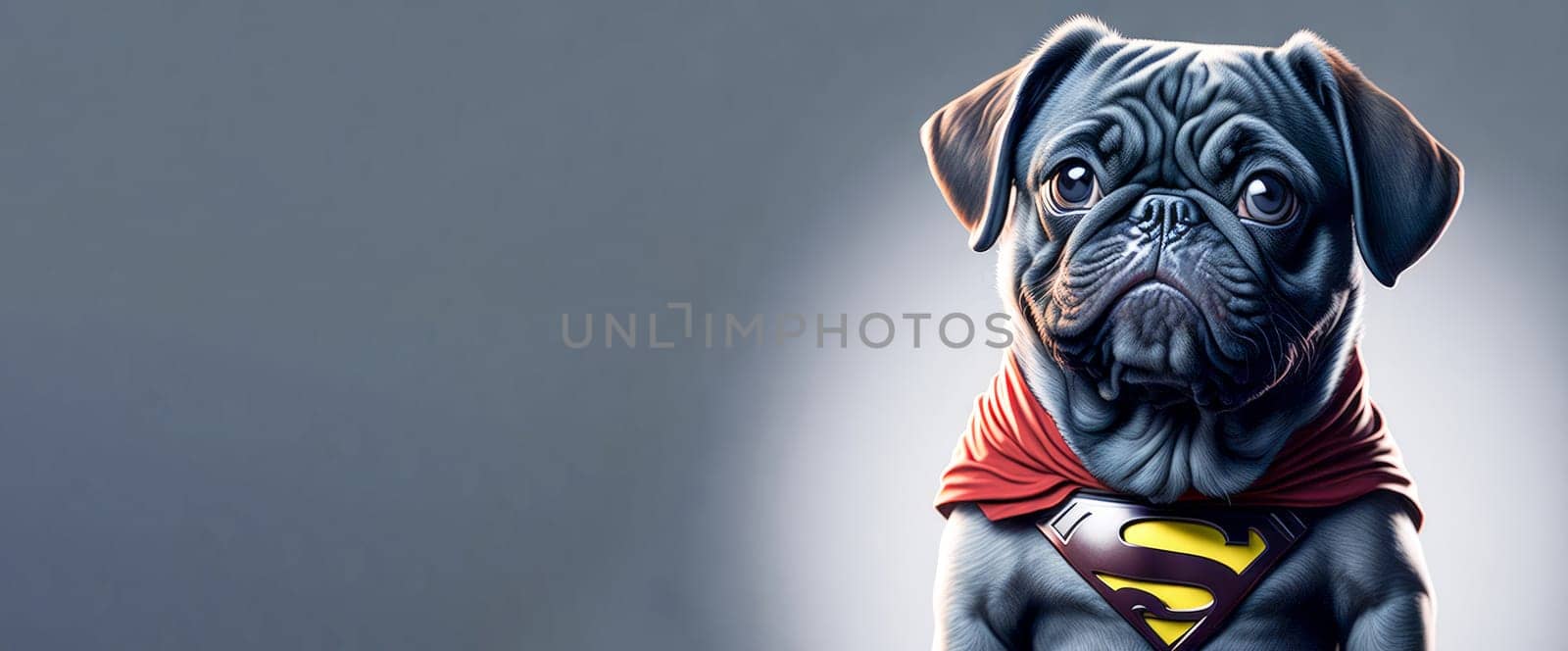 Banner of cute funny pug puppy wearing super hero costume on grey background. Halloween costume. Space for text. Generative Ai. by JuliaDorian