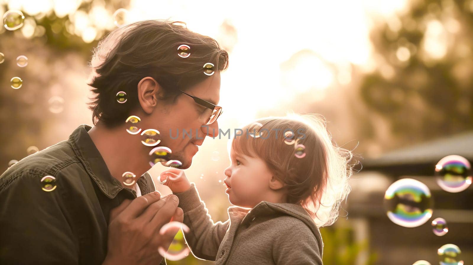 Father and his little child playing with bubbles during the golden hour. Concept of fathers day, fathers love, relationships between dad and child. Generative Ai.