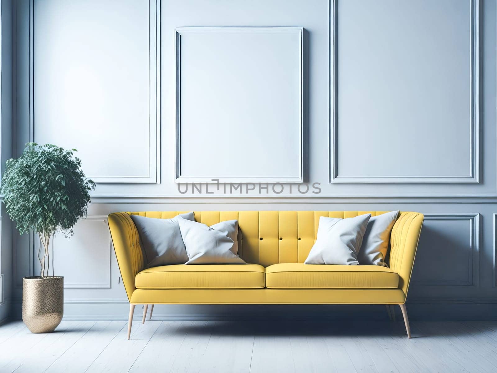 Blank frame mockup for artwork or print on grey wall with yellow couch, copy space. Interior design. Generative Ai