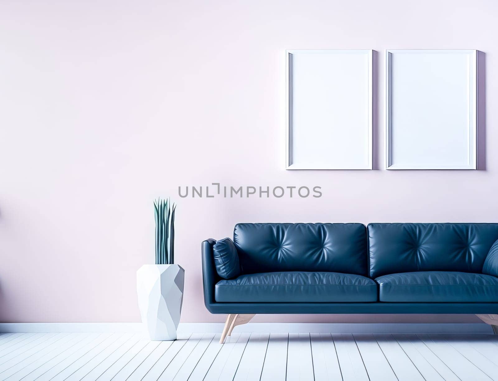 Blank frame mockup for artwork or print on pastel pink wall with blue couch, copy space. Interior design. Generative Ai