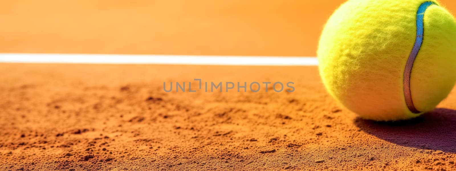 tennis ball on clay, banner with copy space, made with Generative AI. High quality illustration