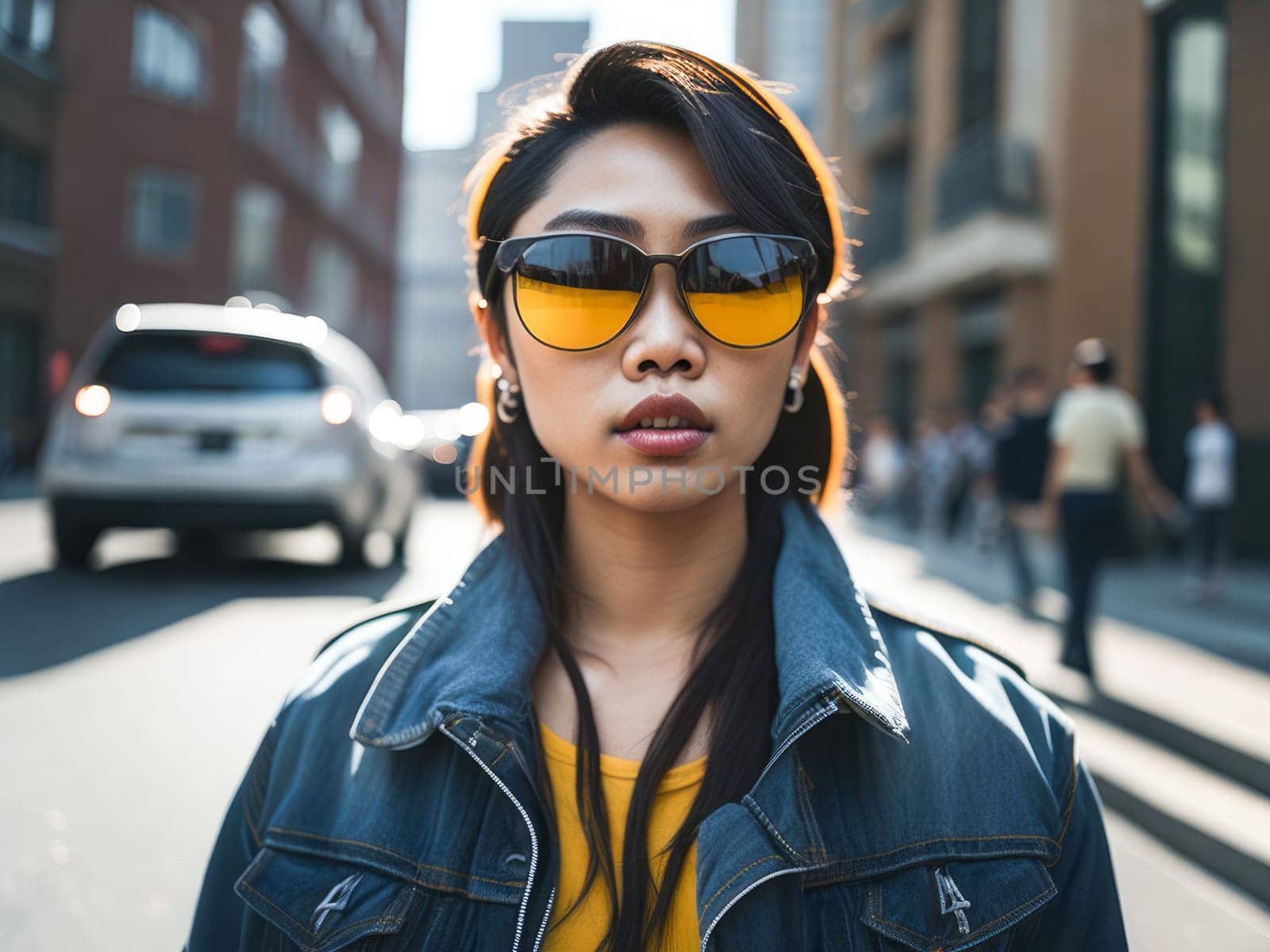 Charming asian woman in yellow sunglasses wearing stylish denim jacket looking at the camera standing on a blurred city background. Hipster girl. Generative Ai