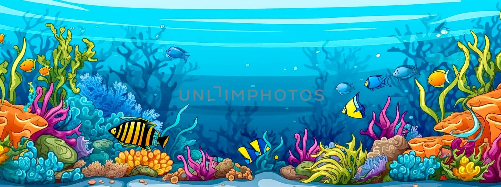 aquarium, colorful underwater world with fish and plants, banner with copy space, made with Generative AI. High quality illustration