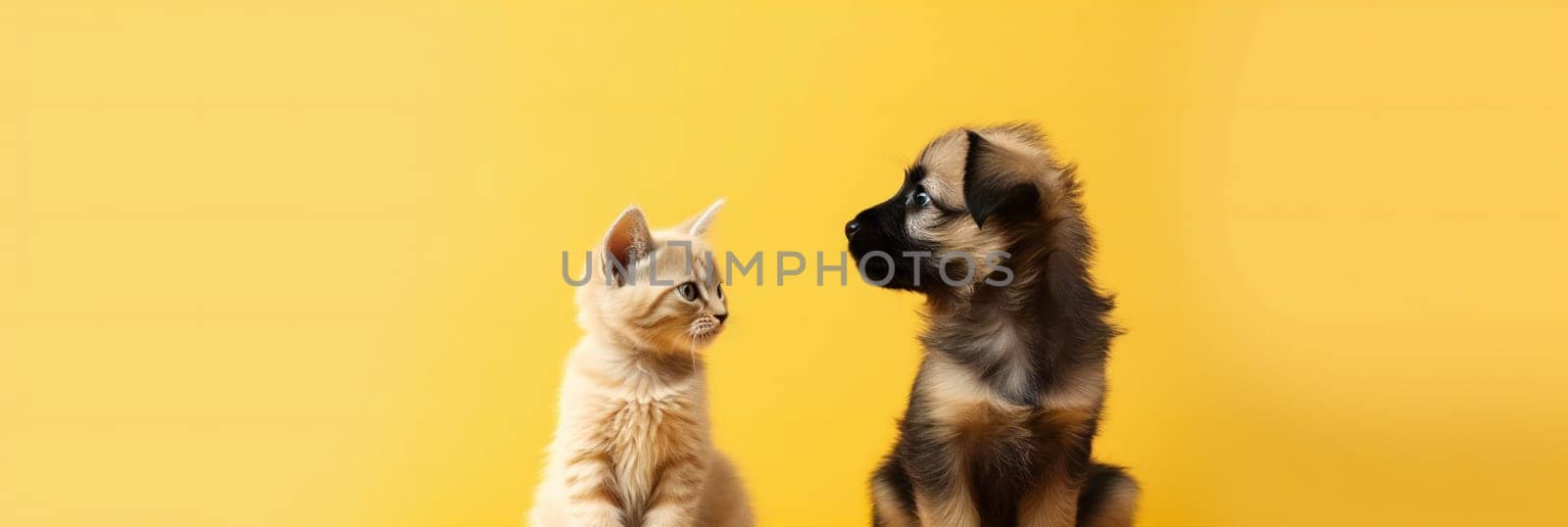 Cute dog puppy and cat kitten on yellow background, space for text. Banner design. Generative ai by juliet_summertime