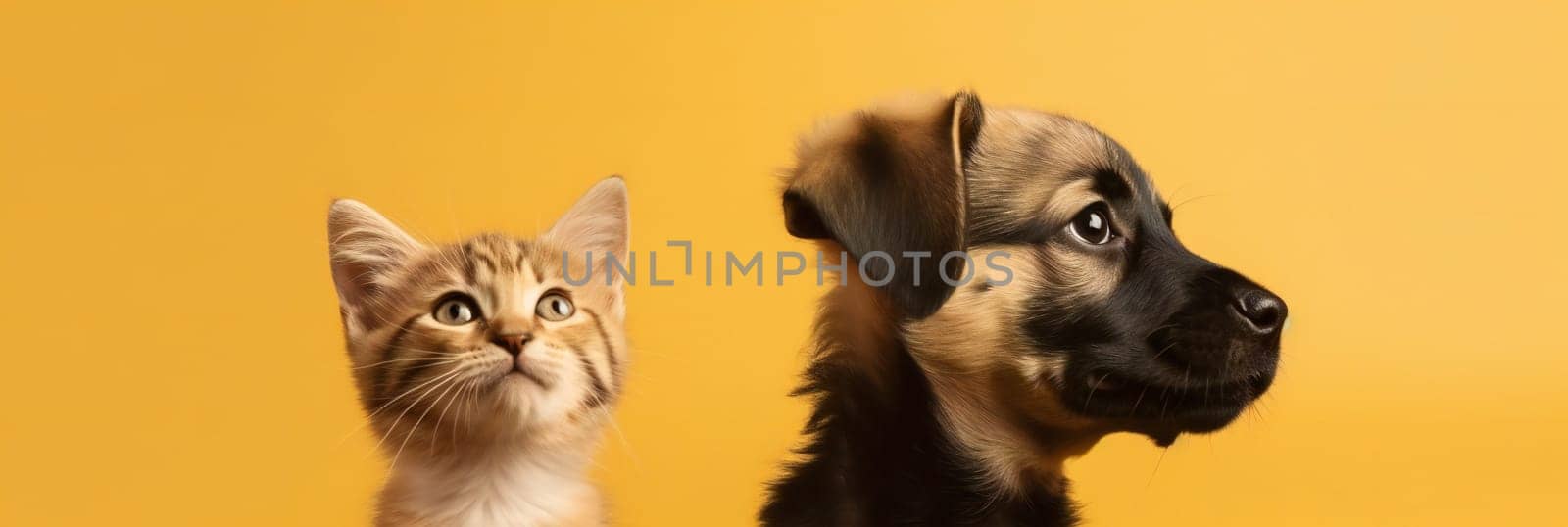 Cute puppy and kitten on yellow background, space for text. Banner design