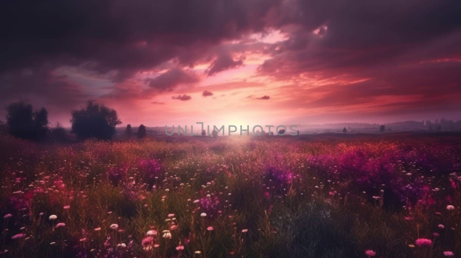 Pink flower filed with beautiful pink sky. Generative AI by nateemee