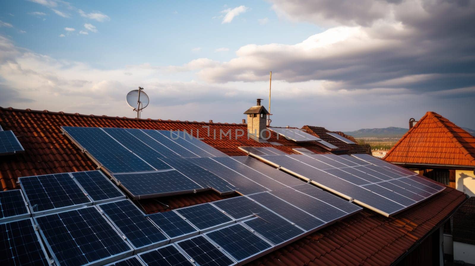 solar panesl or photovoltaic plant on the roof of a house. Generative AI.