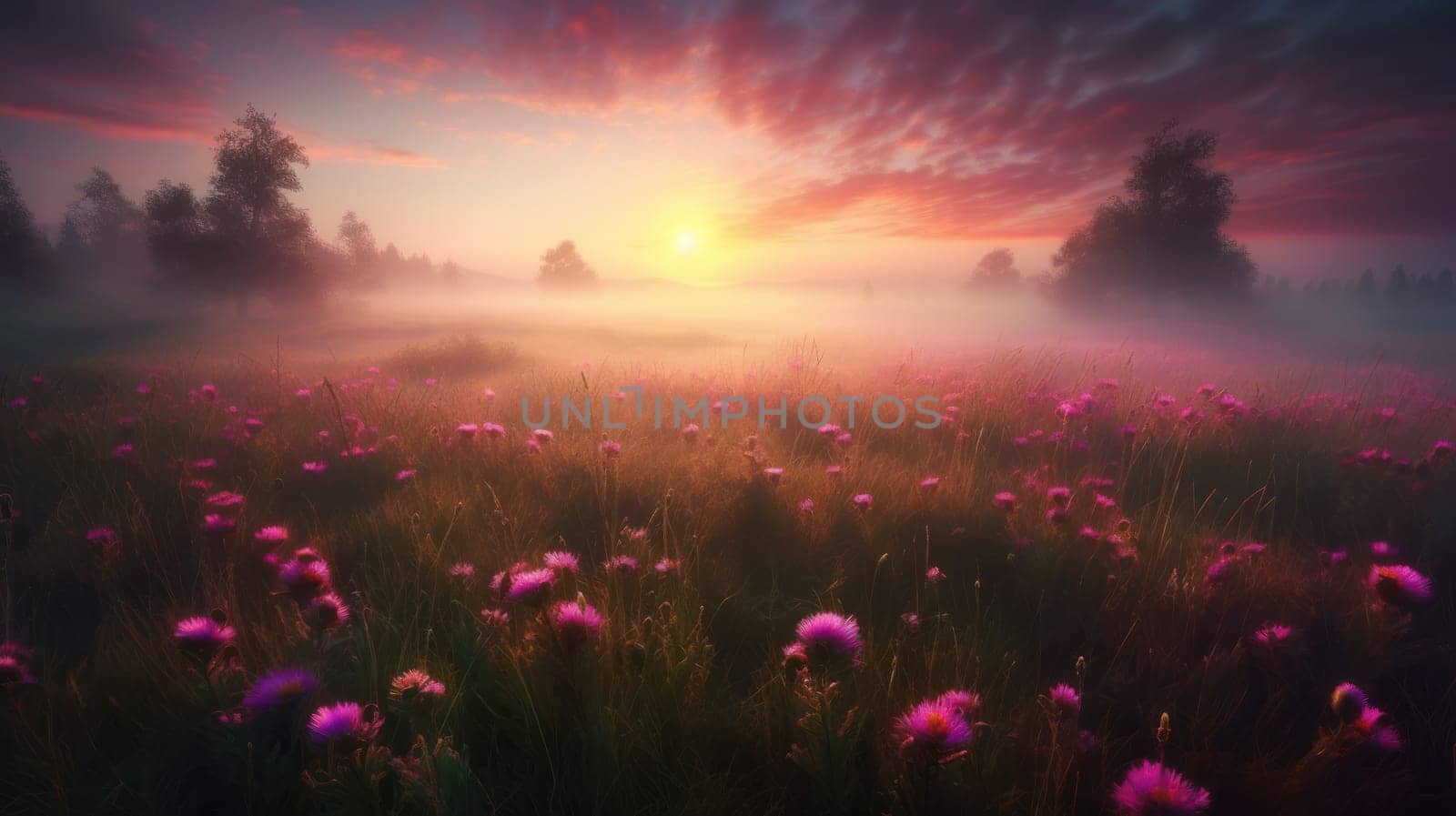 Pink flower filed with beautiful pink sky. Generative AI by nateemee