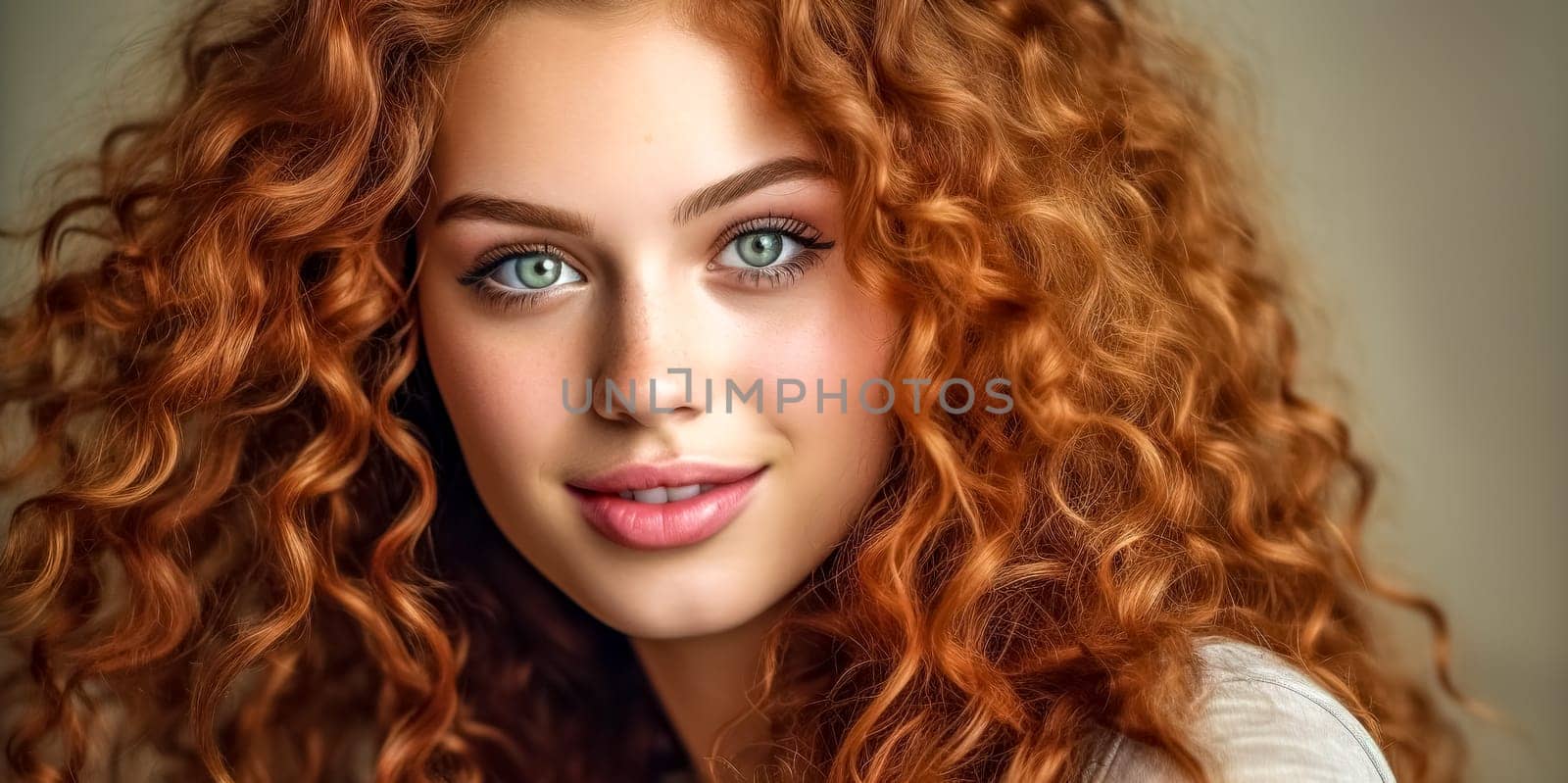 portrait of a young woman with curly hair, made with Generative AI. High quality illustration