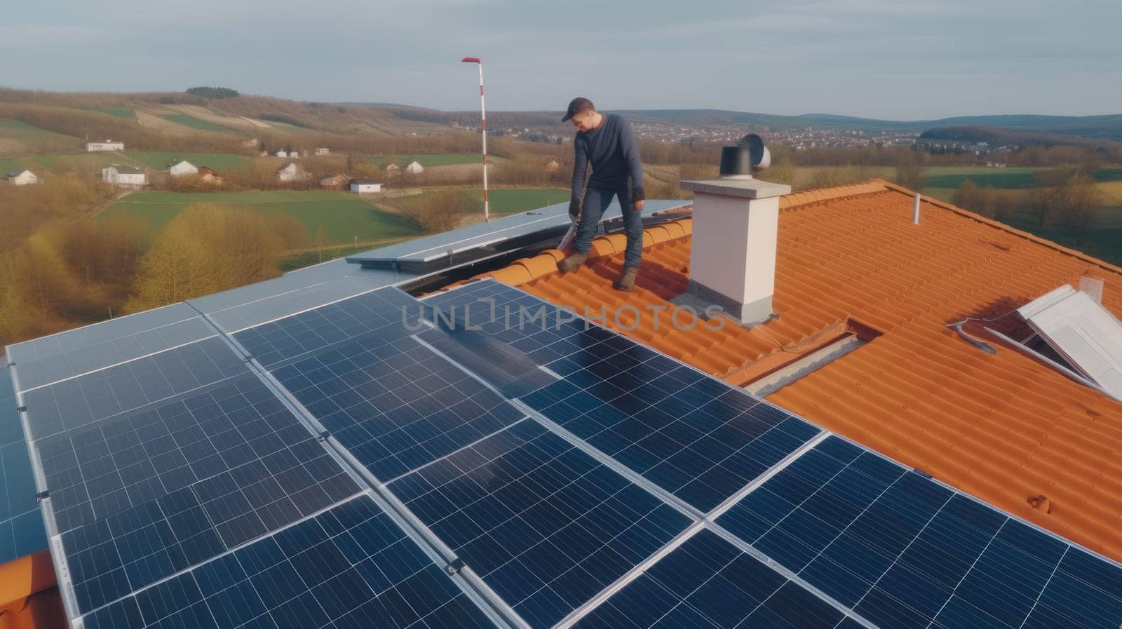solar panesl or photovoltaic plant on the roof of a house. Generative AI.