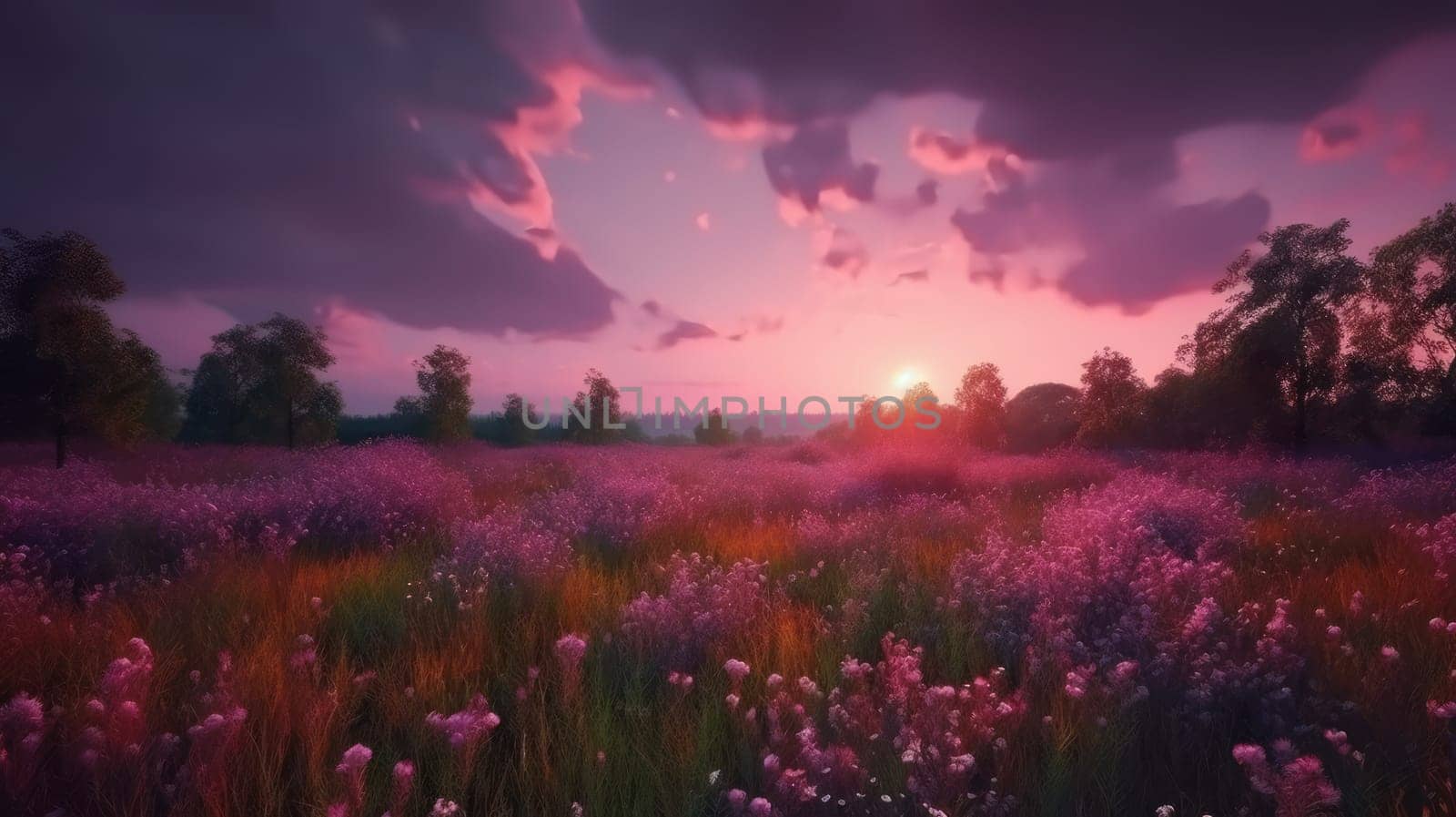 Pink flower filed with beautiful pink sky. Generative AI by nateemee