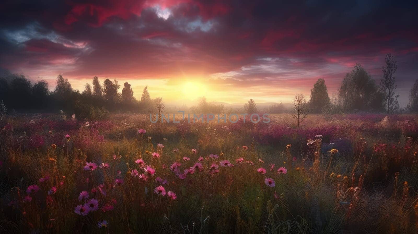 Pink flower filed with beautiful pink sky. Generative AI by nateemee