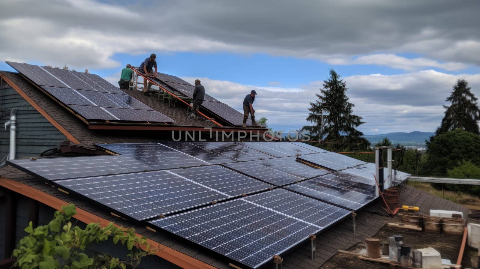 solar panesl or photovoltaic plant on the roof of a house. Generative AI.