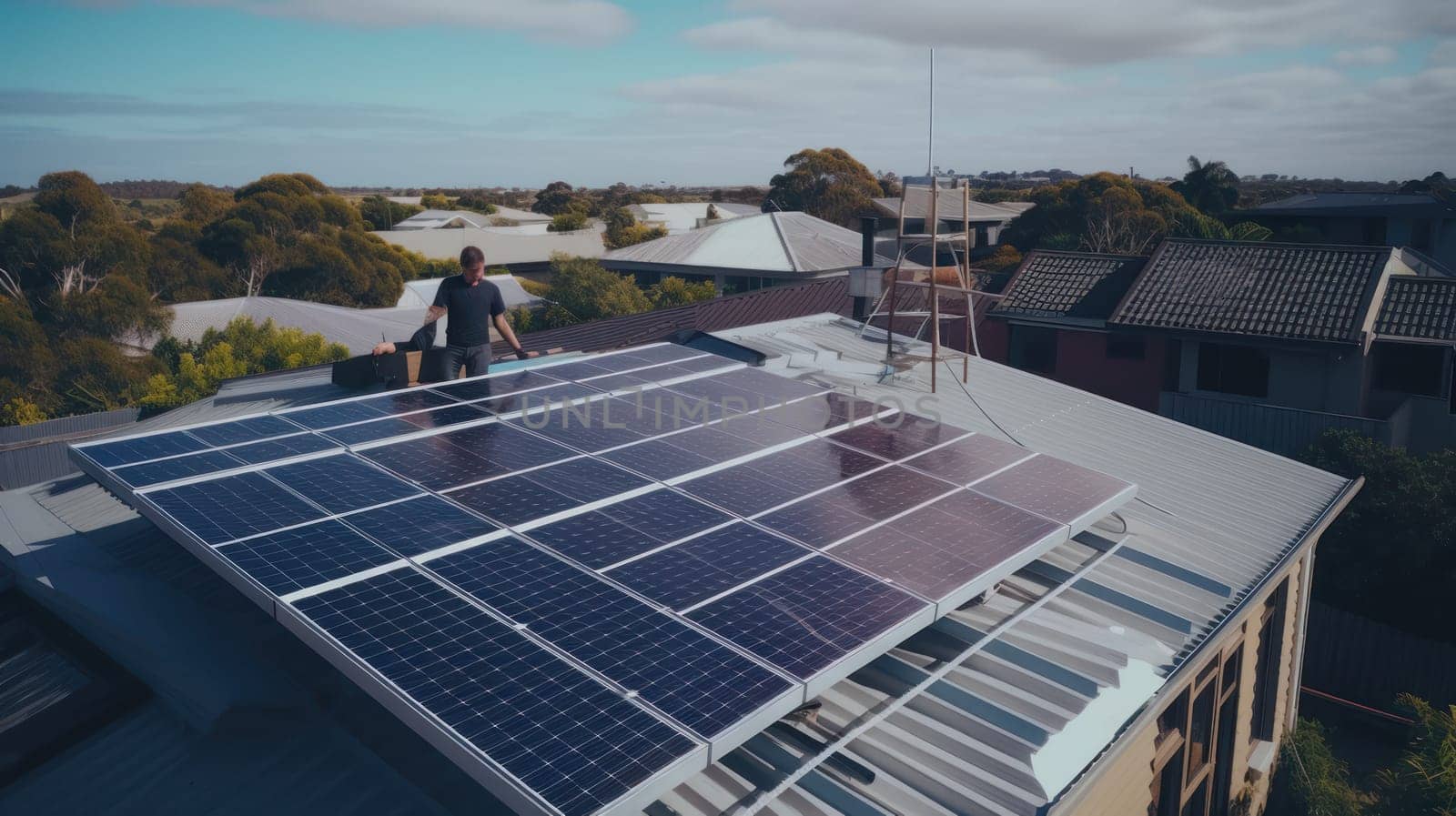 solar panesl or photovoltaic plant on the roof of a house. Generative AI.