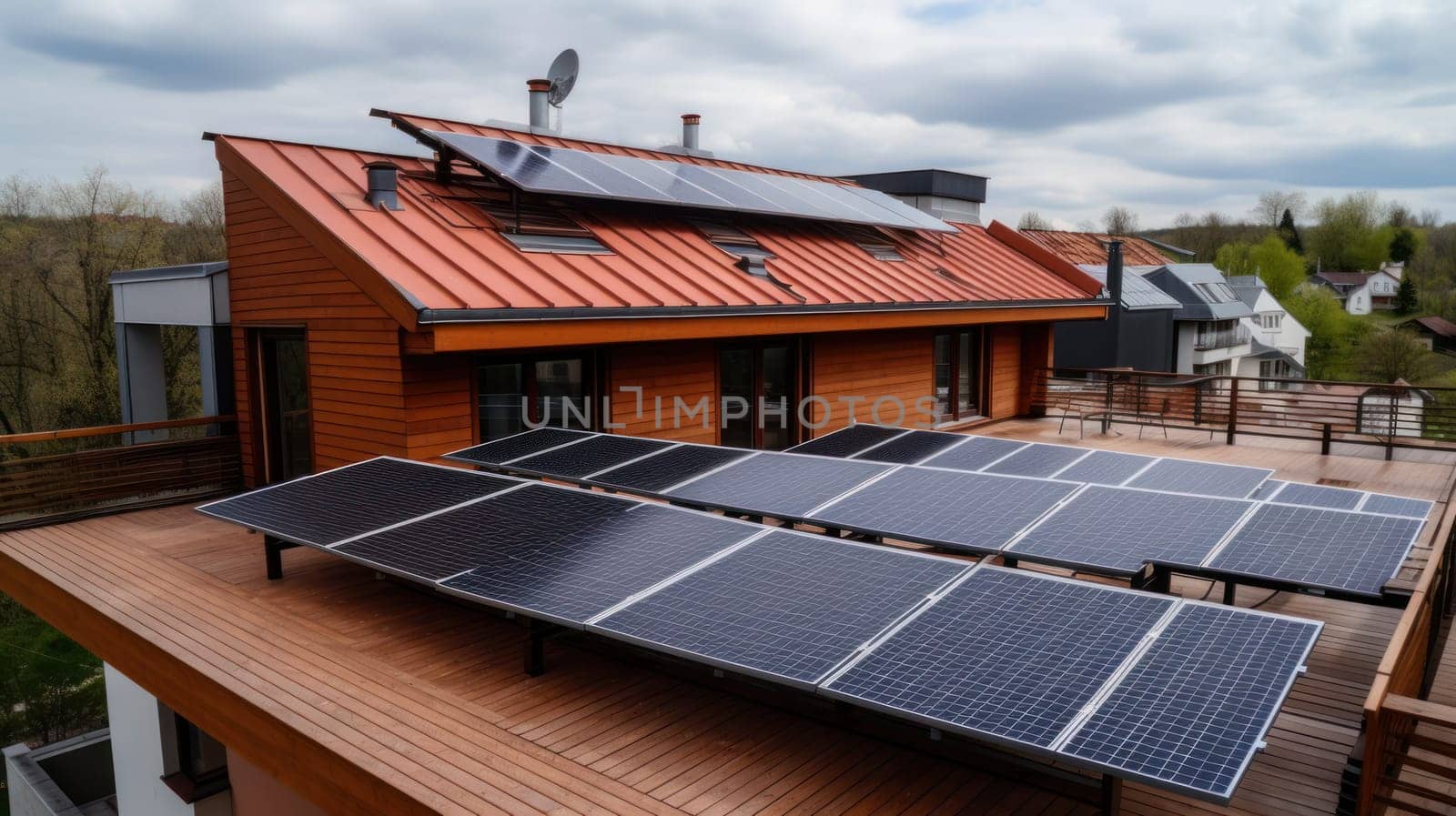 solar panesl or photovoltaic plant on the roof of a house. Generative AI.