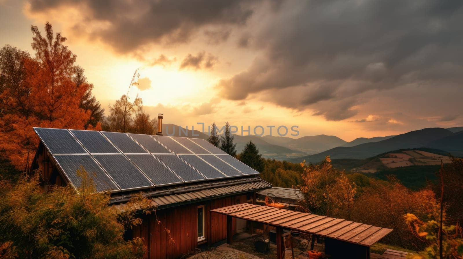 solar panesl or photovoltaic plant on the roof of a house. Generative AI.