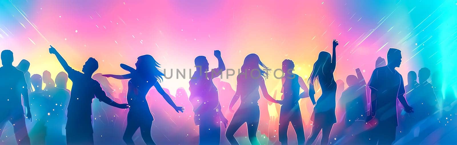 people dancing at disco party, colorful light show, banner, made with Generative AI. High quality illustration