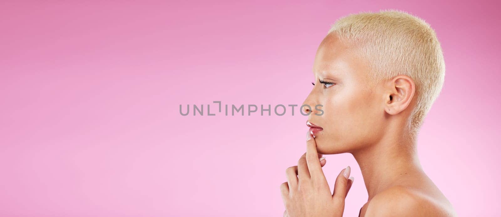 Woman, beauty and makeup in skincare on mockup for facial cosmetics or spa treatment against pink studio background. Female face and hands thinking in satisfaction for luxury cosmetic or perfect skin.