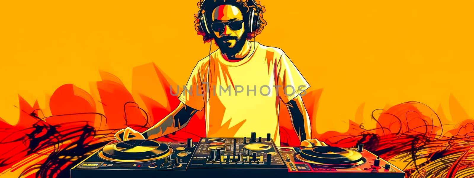 dj on yellow background plays in the night club at the disco, banner, made with Generative AI by Edophoto