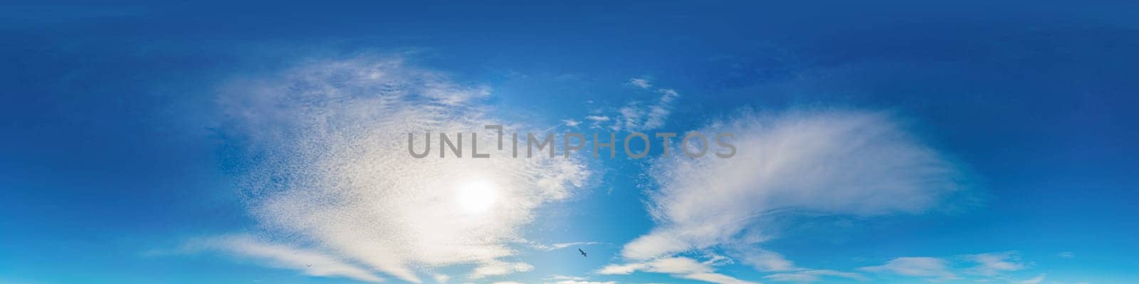 Sunset sky panorama with bright glowing Cirrus clouds. HDR 360 seamless spherical panorama. Full zenith or sky dome for 3D visualization, sky replacement for aerial drone panoramas. by Matiunina