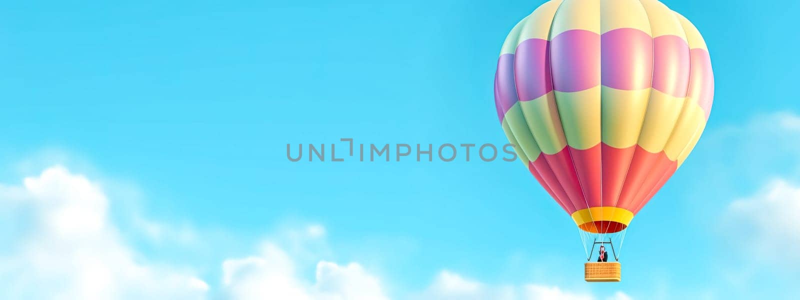 colorful hot air balloon in blue sky, banner with copy space, made with Generative AI by Edophoto