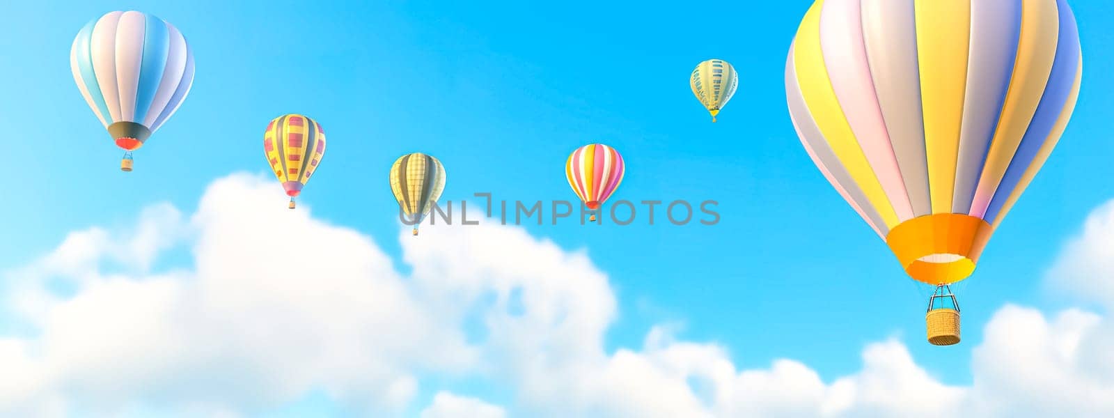 colorful hot air balloon in blue sky, banner, made with Generative AI. High quality illustration